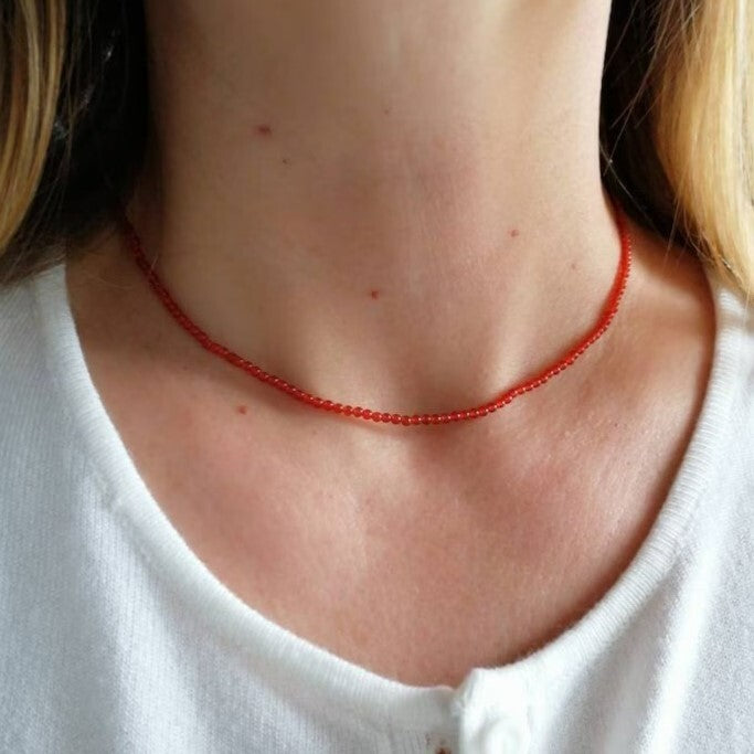 Premium Carnelian Necklace 2mm Bead Minimalist Summer Boho Choker for Women Gift