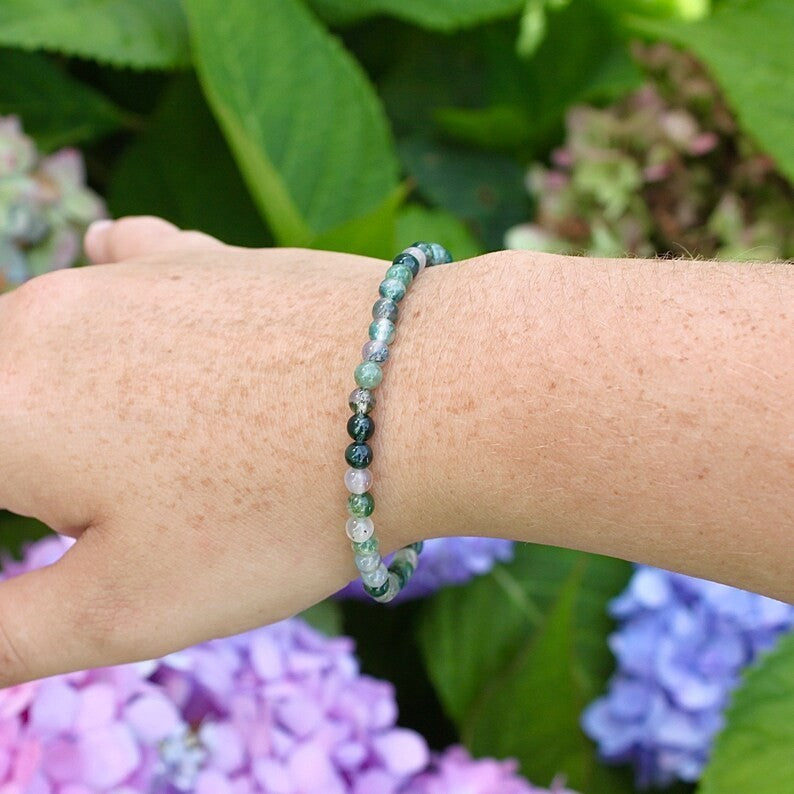 Moss Agate Bracelet New Beginnings Healing Gemstone Beaded Stretch Bracelet GIft