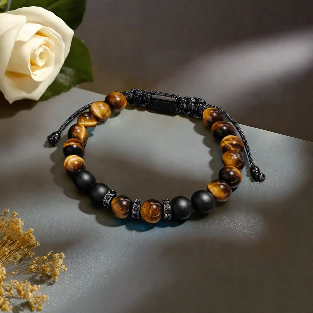 Tiger's Eye Black Onyx Beaded Healing Protection Men's Women Adjustable Bracelet