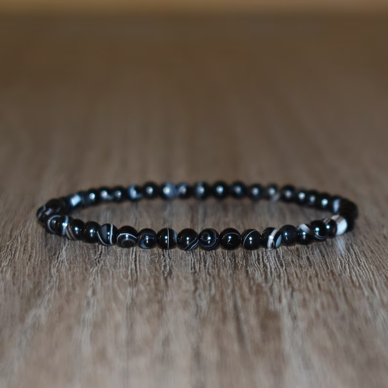 Striped Black Onyx Sardonyx 4mm Small Beads Healing Reiki Chakra Unisex Bracelet