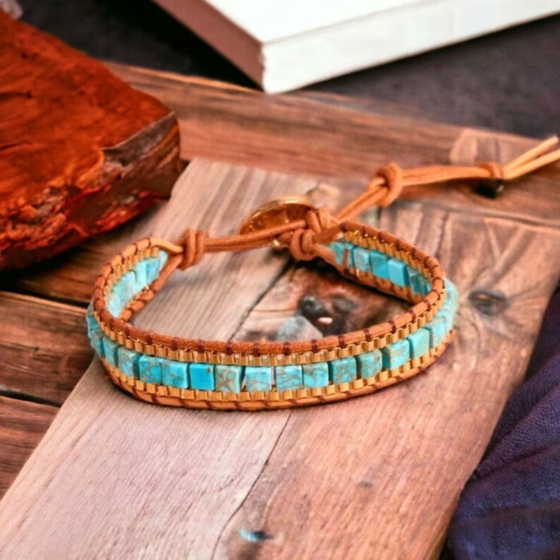 Blue Turquoise Leather Hand Braided Healing Calming Boho Stylish Women Bracelet
