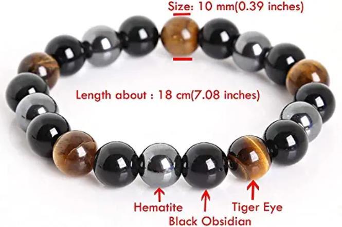 10mm Round Beads Triple Protection Tiger Eye Obsidian Hematite Stretch Bracelet