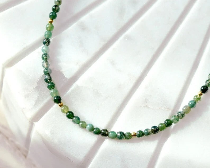 Moss Agate Tiny 3mm Bead Choker Healing Dainty Minimalist Women Crystal Necklace