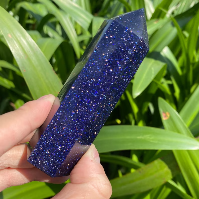 Blue Goldstone Healing Crystal Wand Tower Point Home Office Decor Ornament Gifts