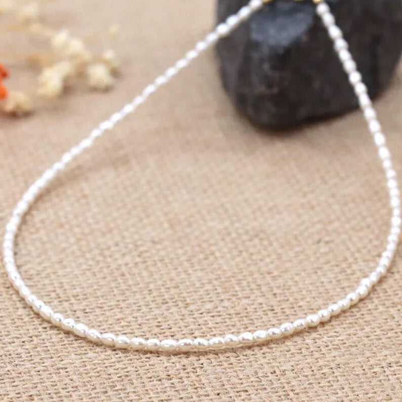 Natural Mother of Pearl 2-3mm Rice Beads Healing Elegant Dainty Choker Necklace