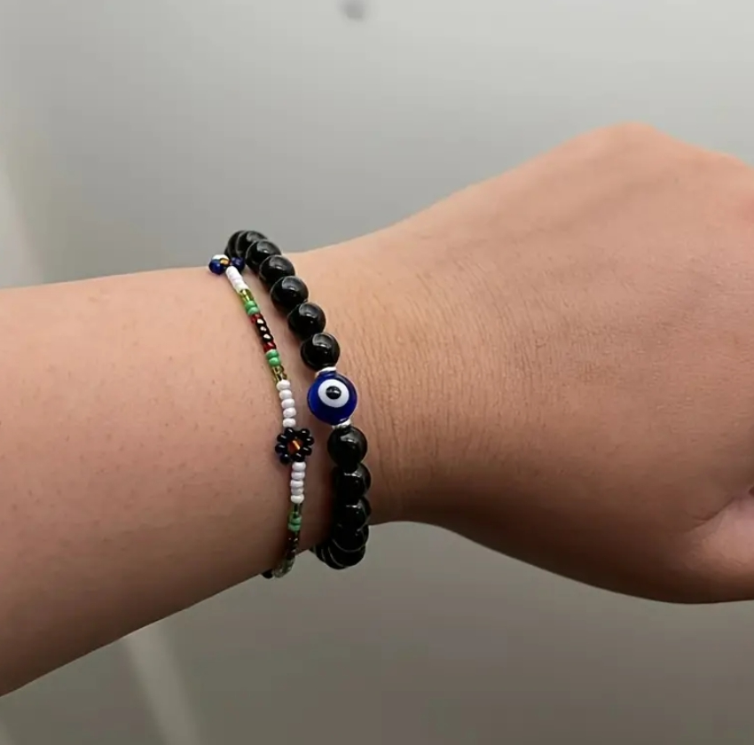 Black Tourmaline Beaded Blue Evil Eye Healing EMF Protection Stone Bracelet Gift