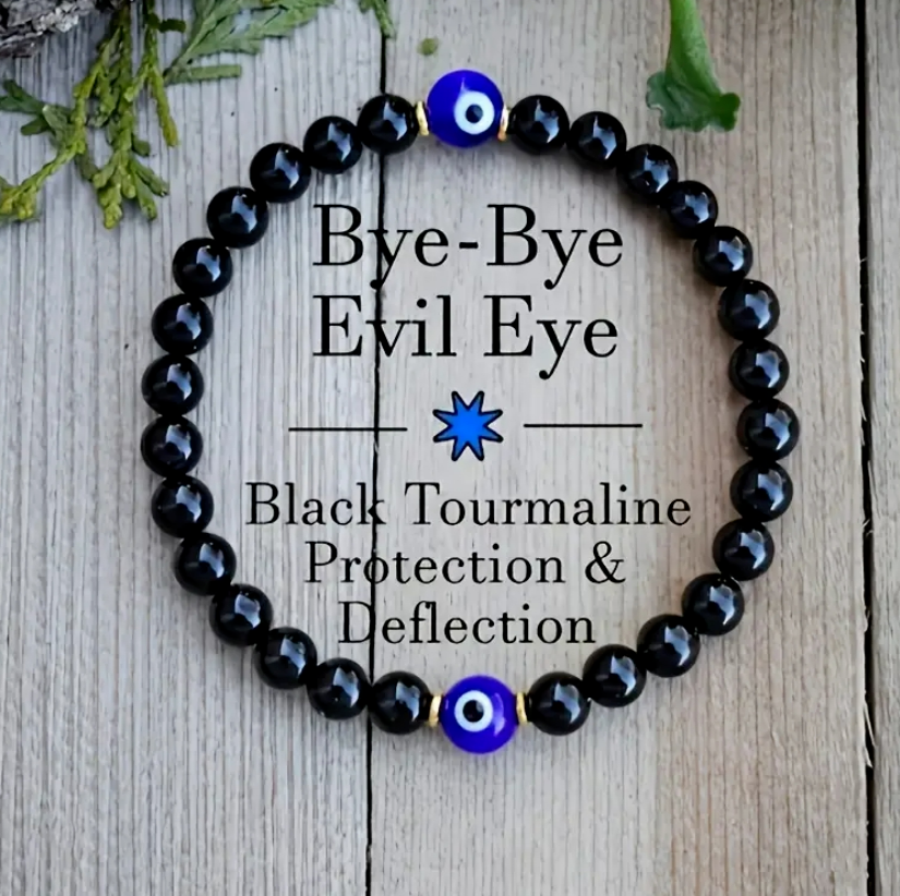 Black Tourmaline Beaded Blue Evil Eye Healing EMF Protection Stone Bracelet Gift