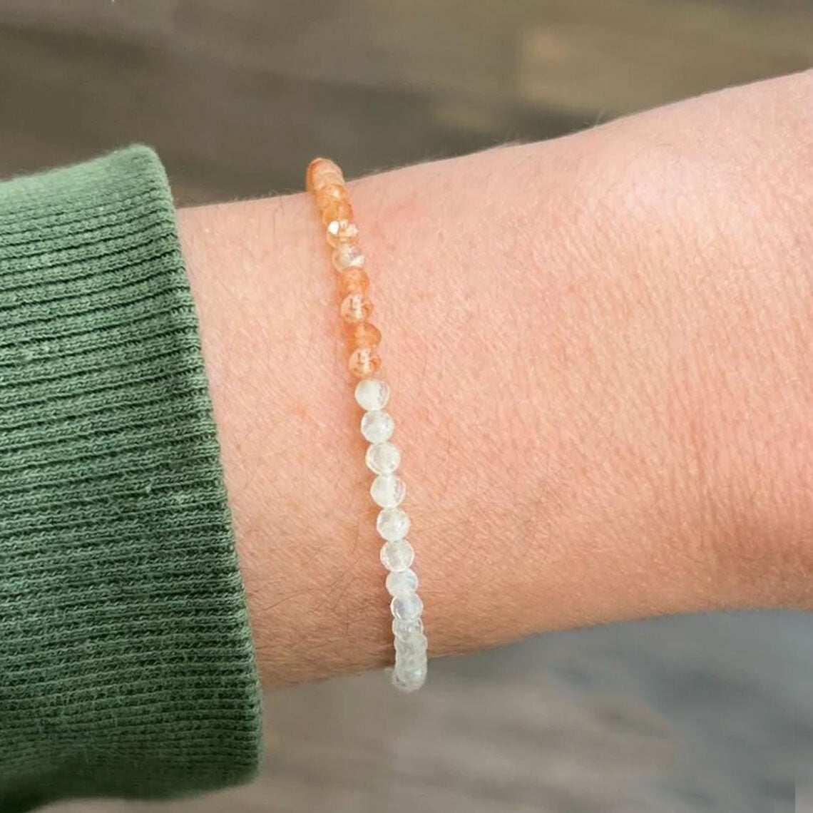 Sunstone & White Moonstone 3mm Beads Healing Reiki Dainty Women Crystal Bracelet