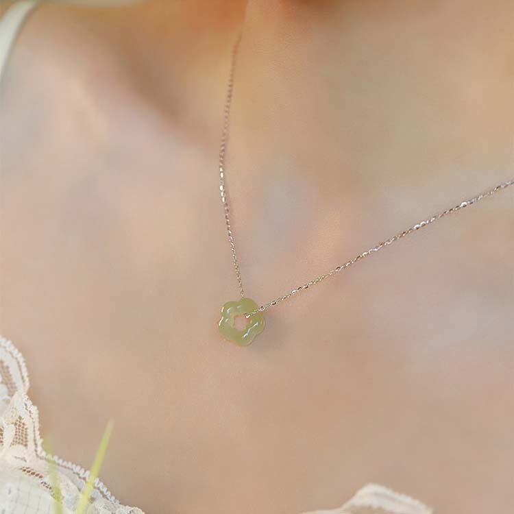 Hetian Green Jade Flower Pendant Healing Dainty Delicate Women Necklace Gifts