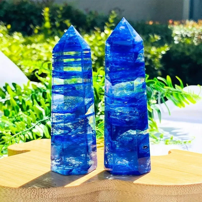 Blue Smelt Quartz Healing Crystal Tower Point Wand Witchy Obelisk Decor Gifts
