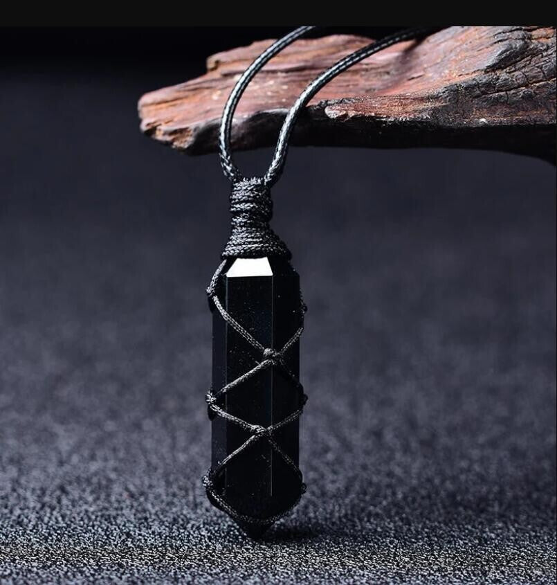 Black Obsidian Hexagonal Healing Reiki Point Wrapped Pendant Men Women Necklace