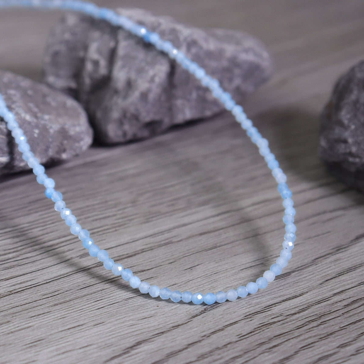 Blue Aquamarine Tiny 2mm Beaded Choker Healing Delicate Women Crystal Necklace