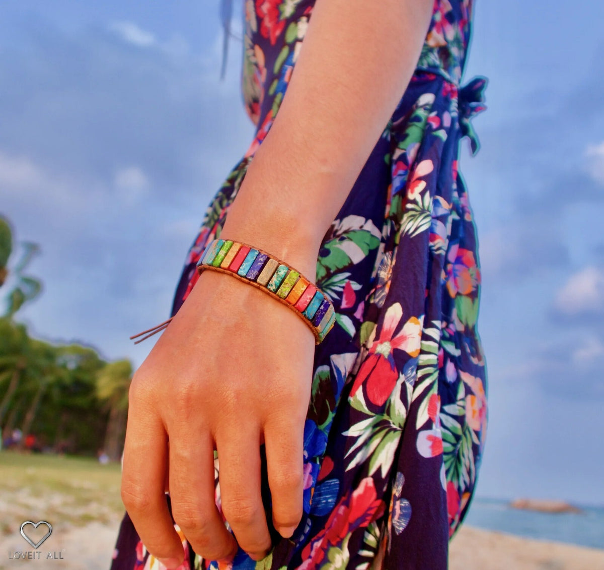 Imperial Jasper 7 Chakra Gemstone Boho Leather Handmade Healing Women Bracelet