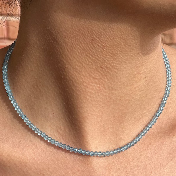 Blue Topaz Tiny 2mm Beaded Choker Healing Delicate Boho Women Crystal Necklace