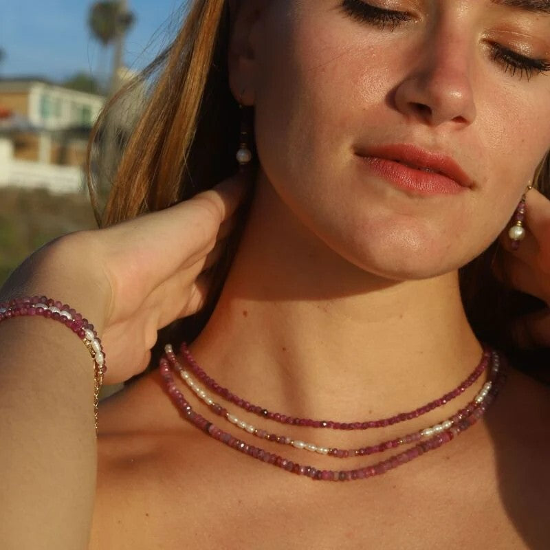 Gemstone Beaded Choker 2mm Ruby Crystal Beads Healing Reiki Women Necklace Gift