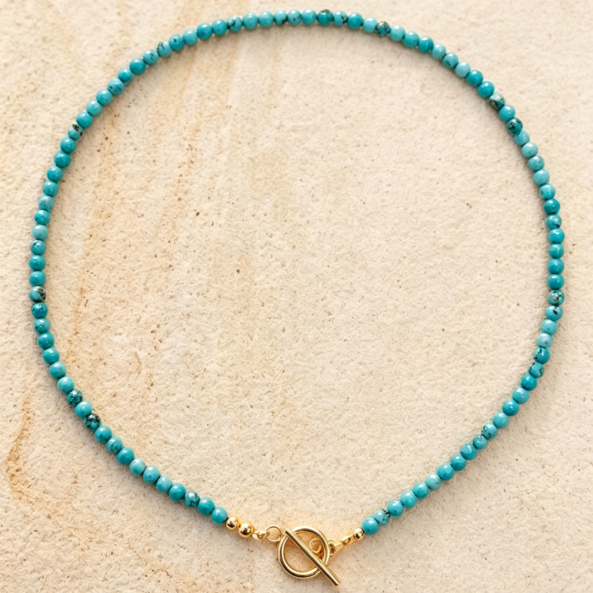 Natural Turquoise 4mm round beaded Necklace Toggle Clasp Boho Choker for women