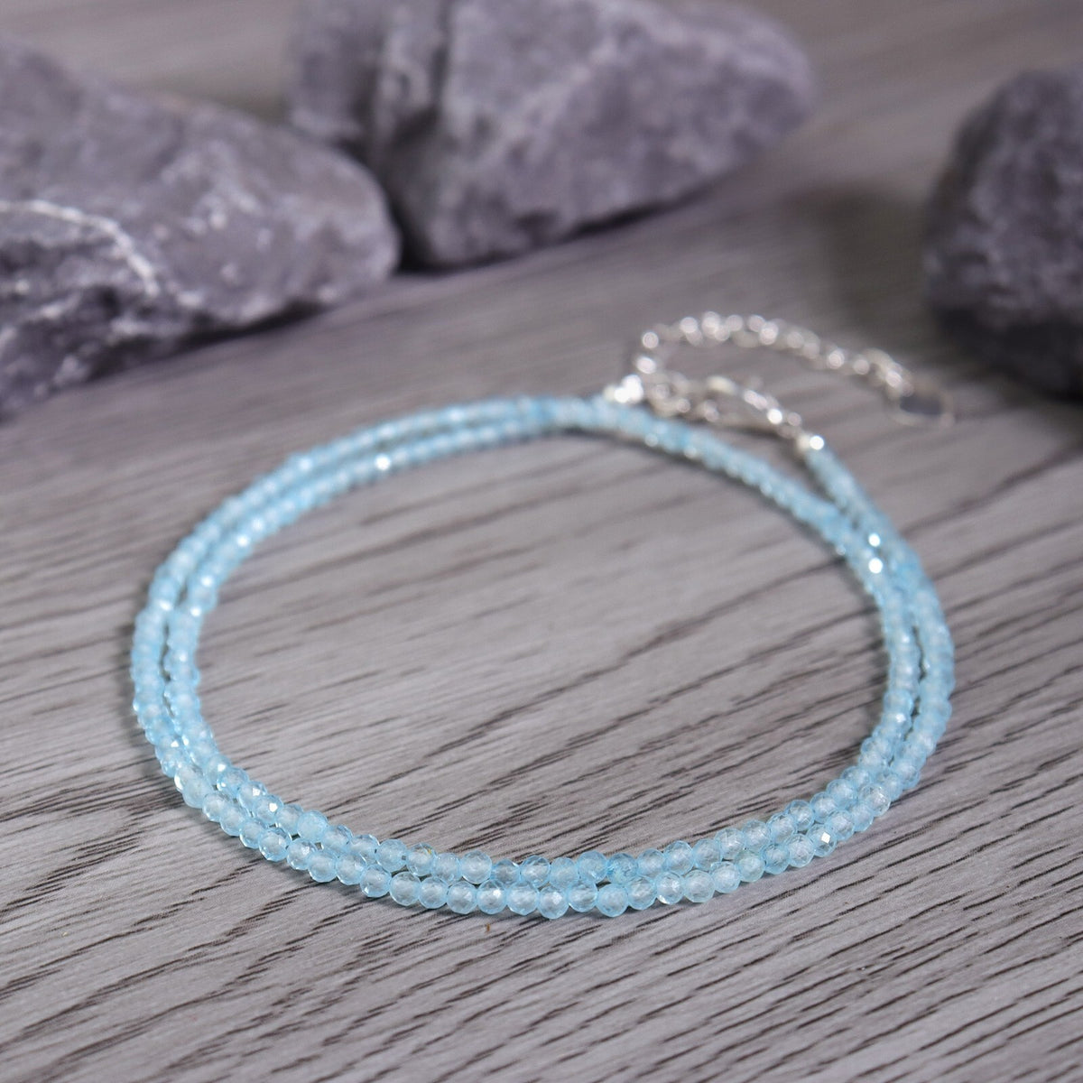 Blue Topaz Tiny 2mm Beaded Choker Healing Delicate Boho Women Crystal Necklace