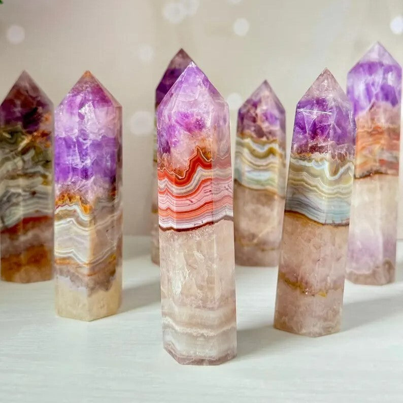 Natural Crystal Tower Wand Amethyst Lace Agate Obelisk Healing Collection Gift