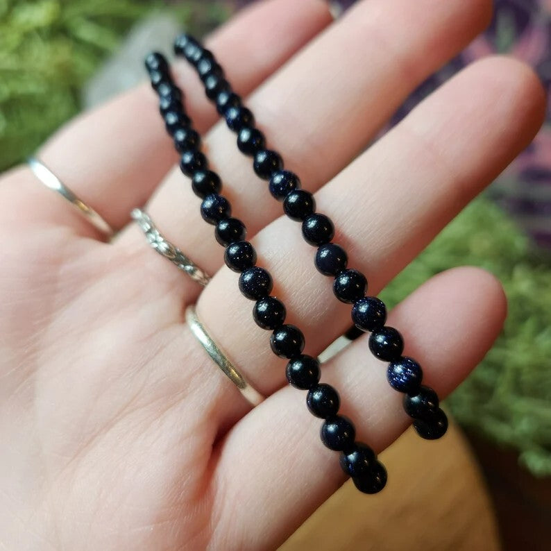 Women Blue Friendship Bracelet Goldstone 4mm Round Bead Healing Women Bracelet