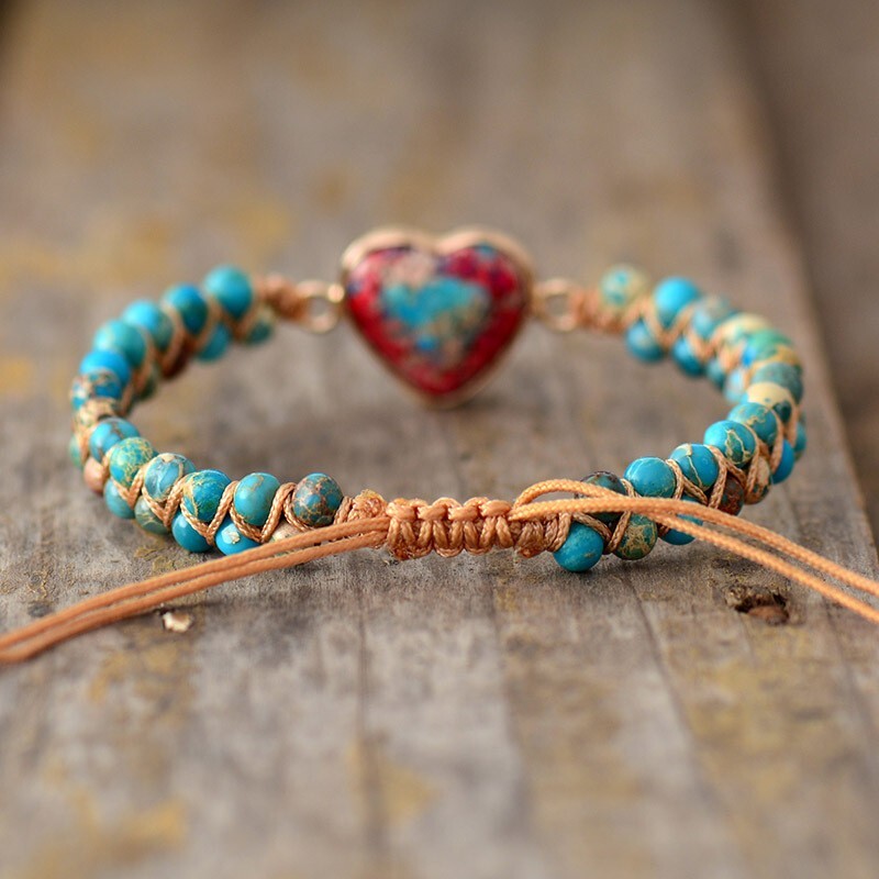 Handmade Heart Natural Gemstone Sea Sediment Healing Chakra Women Bracelet Gifts