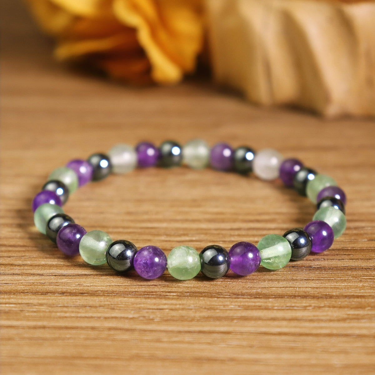 Amethyst Fluorite Hematite Bead Healing Intention Bracelet for Empath Protection