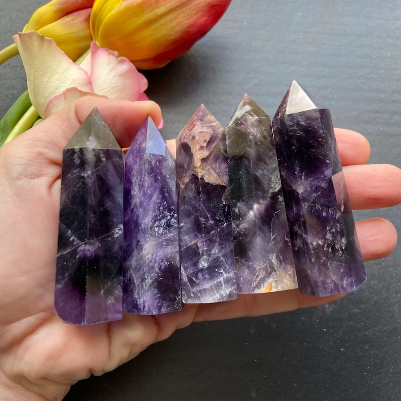 Natural Chevron Amethyst Healing Crystal Wands Obelisk Tower Point Home Decor