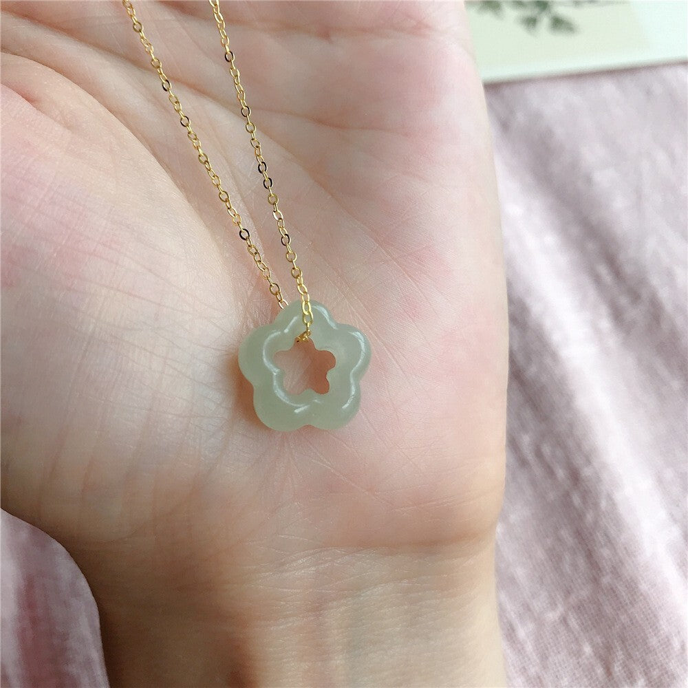 Hetian Green Jade Flower Pendant Healing Dainty Delicate Women Necklace Gifts