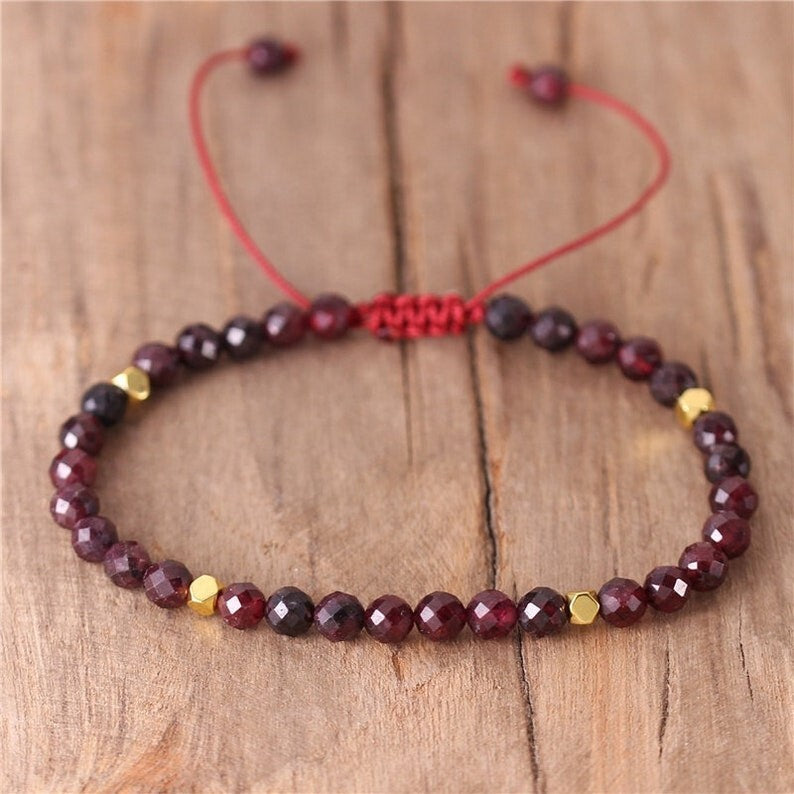 4 mm Garnet Round Bead Tibetan Healing Dainty Women Girls Handmade Bracelet Gift