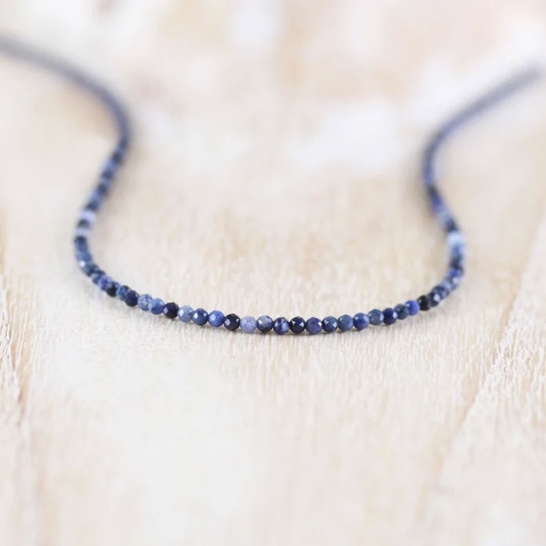 Blue Sodalite 2mm Beaded Choker Healing Anxiety Relief Calm Women Necklace Gift