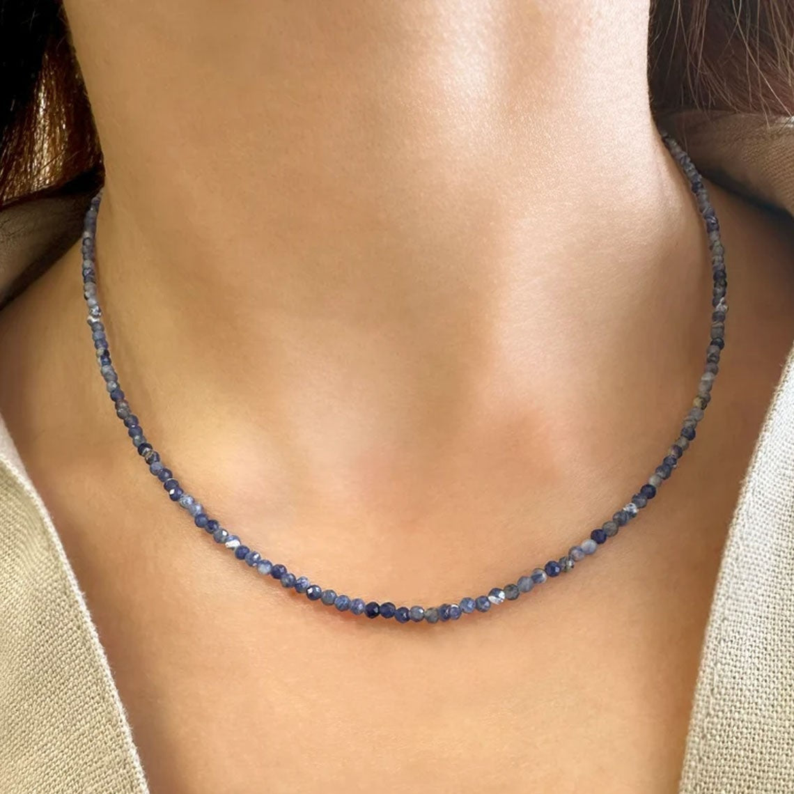 Blue Sodalite 2mm Beaded Choker Healing Anxiety Relief Calm Women Necklace Gift