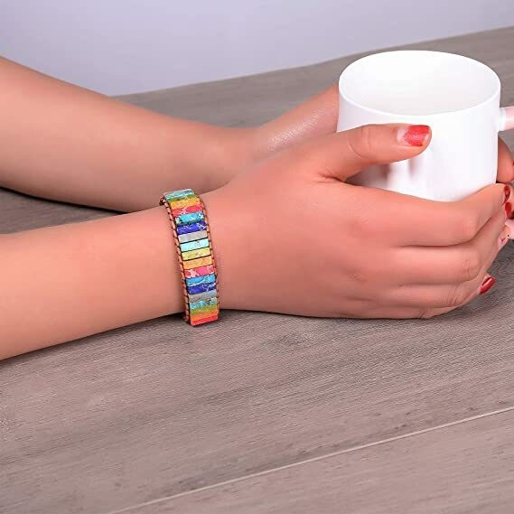 Imperial Jasper 7 Chakra Gemstone Boho Leather Handmade Healing Women Bracelet