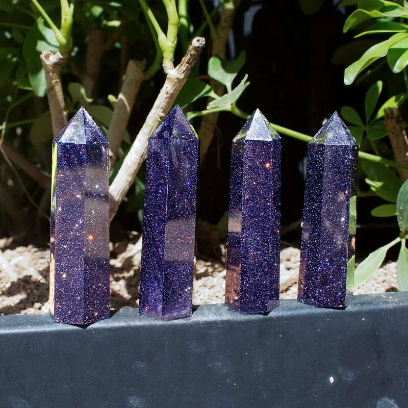 Blue Goldstone Healing Crystal Wand Tower Point Home Office Decor Ornament Gifts