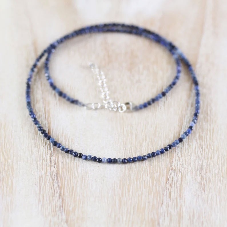 Blue Sodalite 2mm Beaded Choker Healing Anxiety Relief Calm Women Necklace Gift