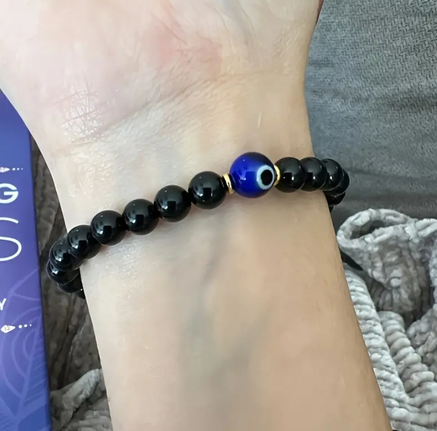 Black Tourmaline Beaded Blue Evil Eye Healing EMF Protection Stone Bracelet Gift
