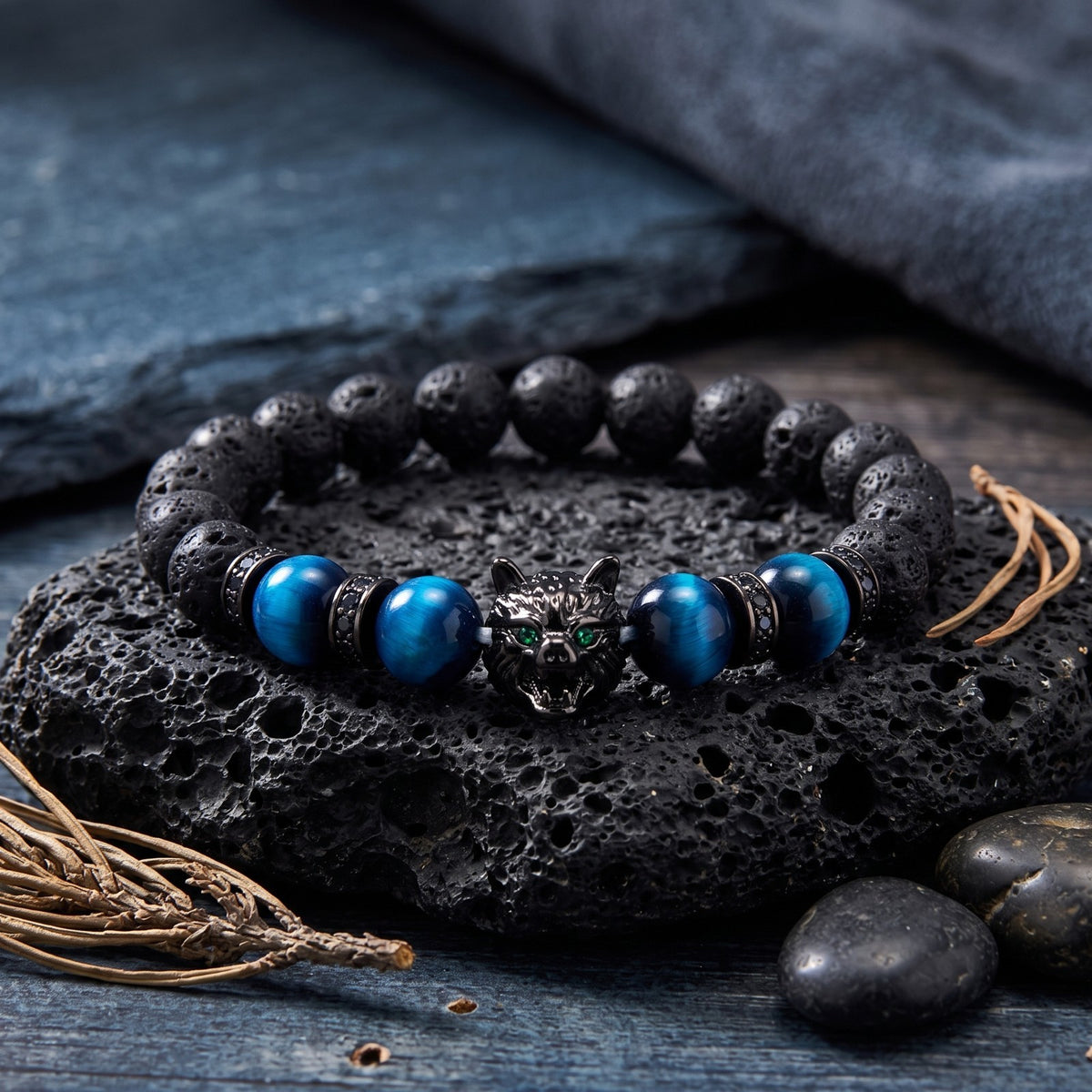 Blue Tiger Eye & Lava Stone 8mm Beads Wolf Charm Healing Strength Men Bracelet
