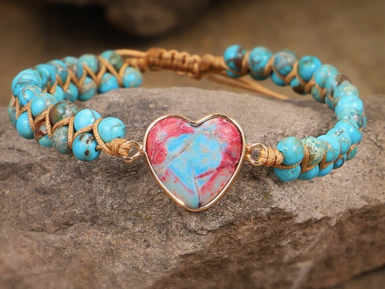 Handmade Heart Natural Gemstone Sea Sediment Healing Chakra Women Bracelet Gifts