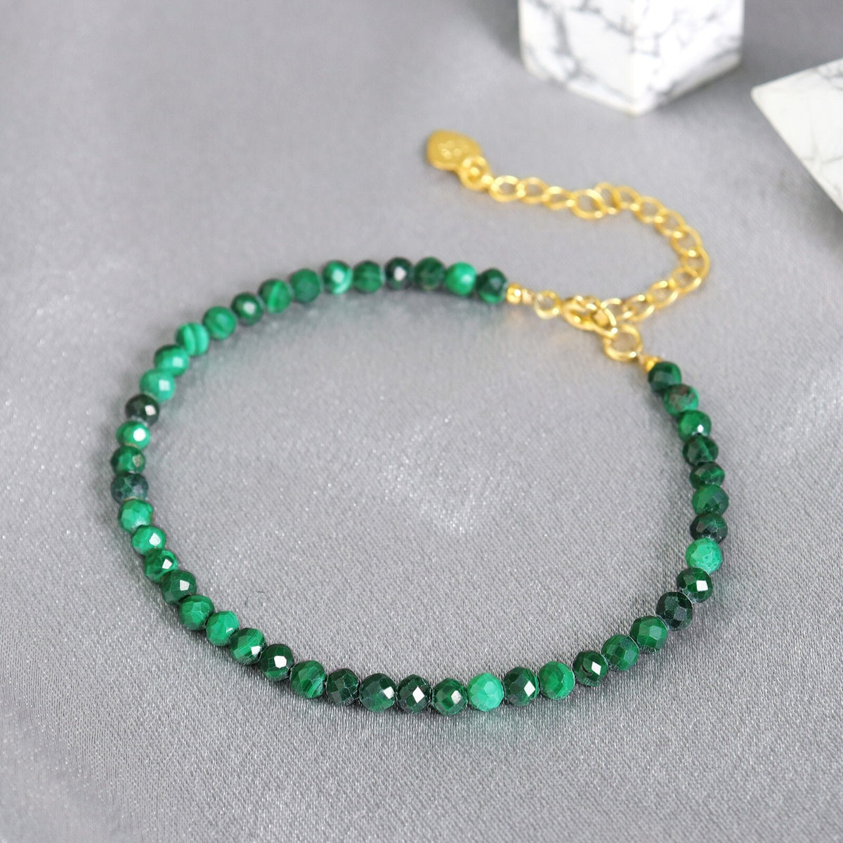 3mm Faceted Malachite Beads Minimalist Dainty Healing Chakra Protection Bracelet