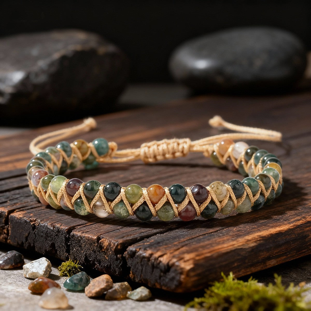 Hand Braided Indian Agate 4mm Beads Gemstone Healing Women Bracelet Xmas Gift