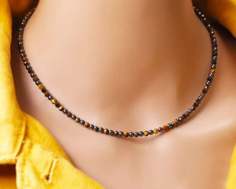 Triple Protection Tiger Eye Obsidian Hematite Beaded Women Men's Choker Necklace