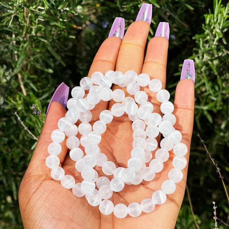 Genuine Selenite 8m Beads Healing Balance Reiki Stretch Women Men Bracelet Gifts