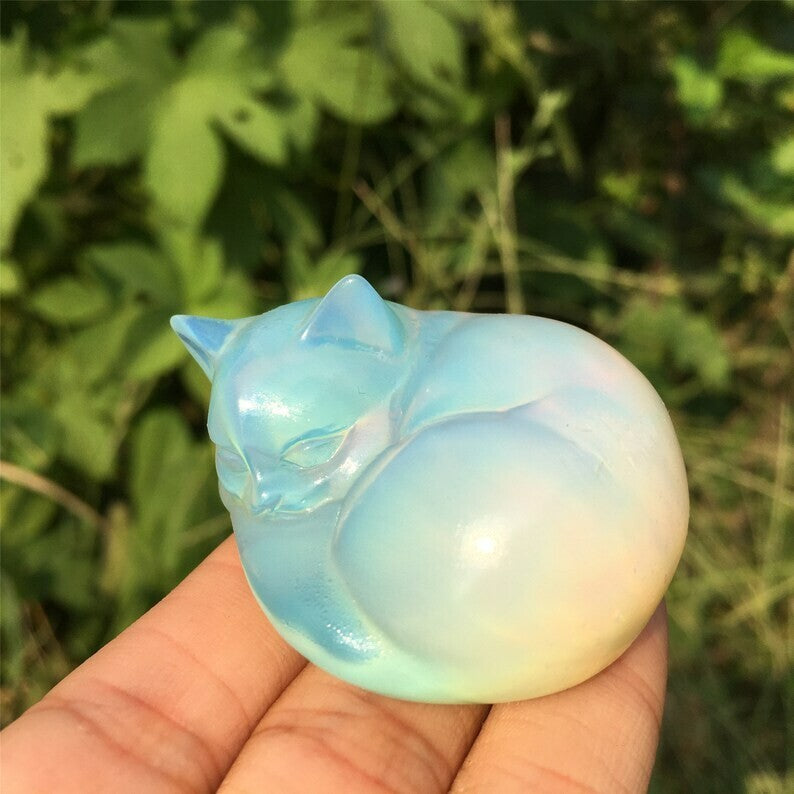 2 Pcs/set Opal & Obsidian Sleeping Cat, Hand Carved, Home Decor, Healing Crystal
