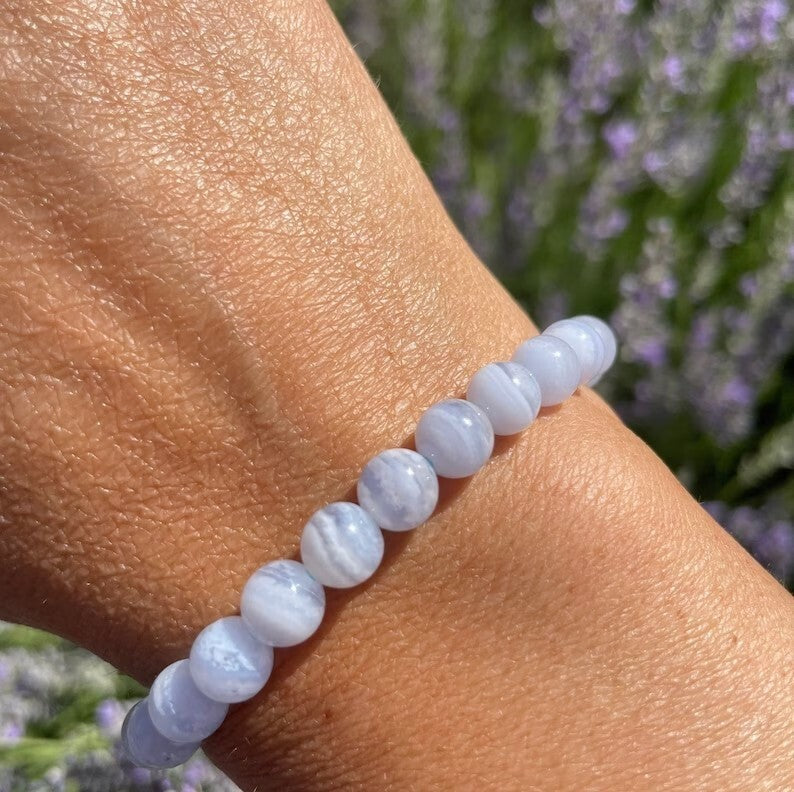 Blue Lace Agate 8mm Beaded Healing Inner Peace Peaceful Stretch Bracelet Gift
