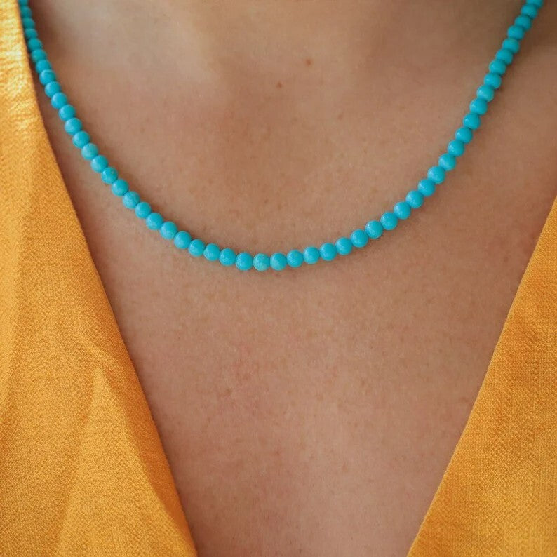 Gemstone Beaded Choker Natural Blue Turquoise 3mm Beads Healing Women Necklace