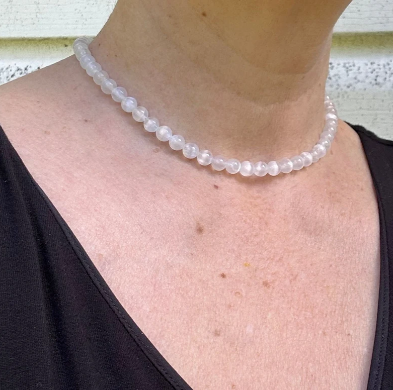 4mm Selenite Beaded Choker Healing Grounding Dainty Women Necklace Gift for her