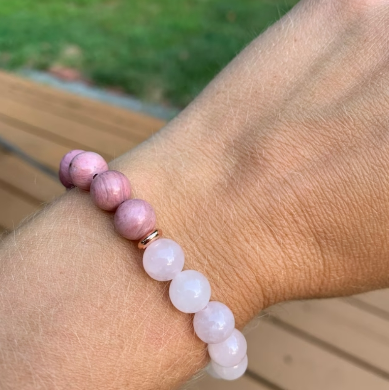 Rose Quartz & Rhodonite Crystal Beads Healing Bracelet for unconditional love