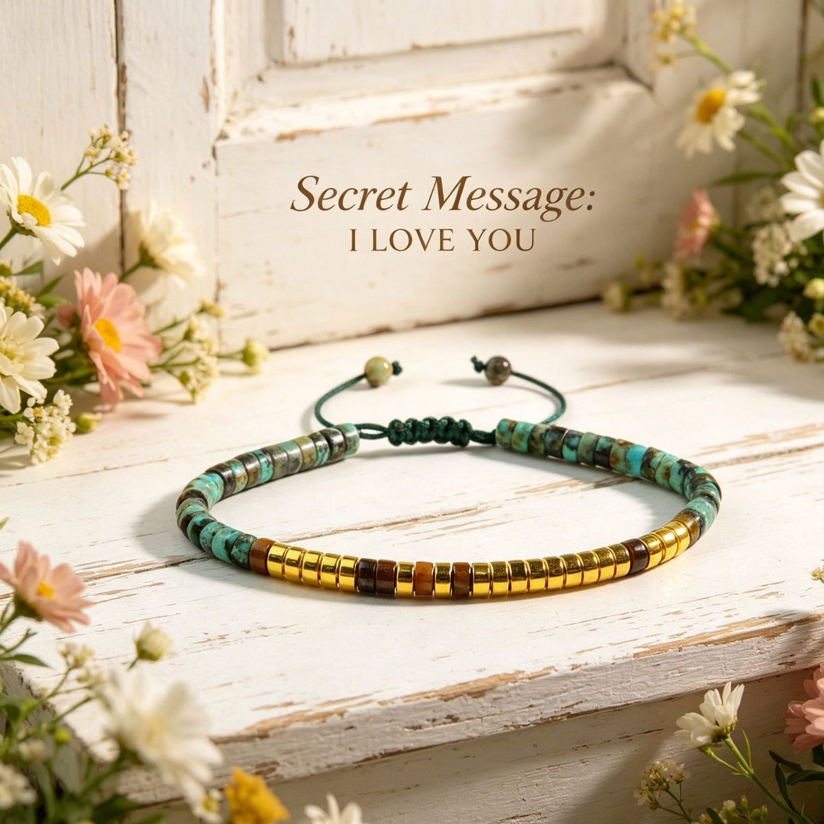 " I LOVE YOU" Morse Code African Turquoise Crystal Beaded Healing Bracelet Gifts