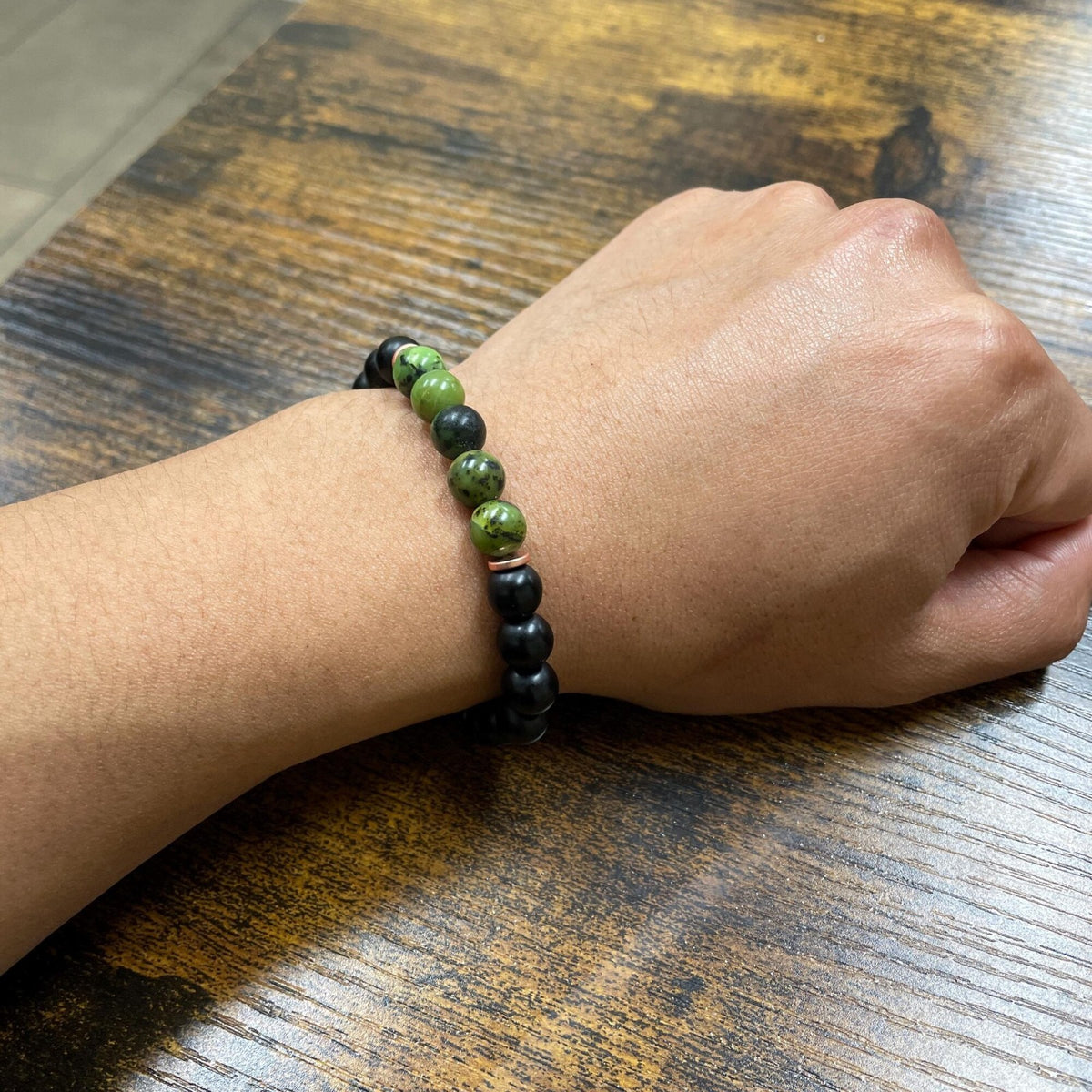 Green Jade & Black Onyx 8mm Beaded Natural Stone Healing Lucky Women Bracelet