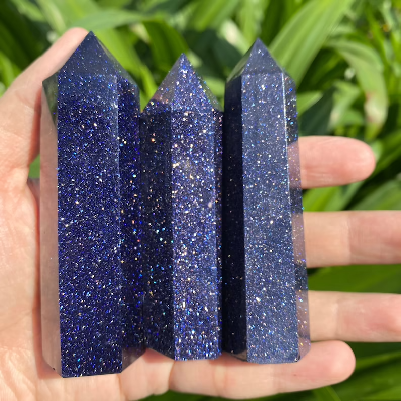 Blue Goldstone Healing Crystal Wand Tower Point Home Office Decor Ornament Gifts