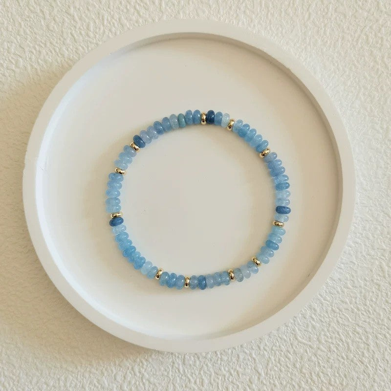 Premium Blue Aquamarine Rondelle Beaded Healing Calming Stretch Bracelet Gifts