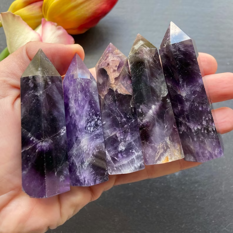 Natural Chevron Amethyst Healing Crystal Wands Obelisk Tower Point Home Decor